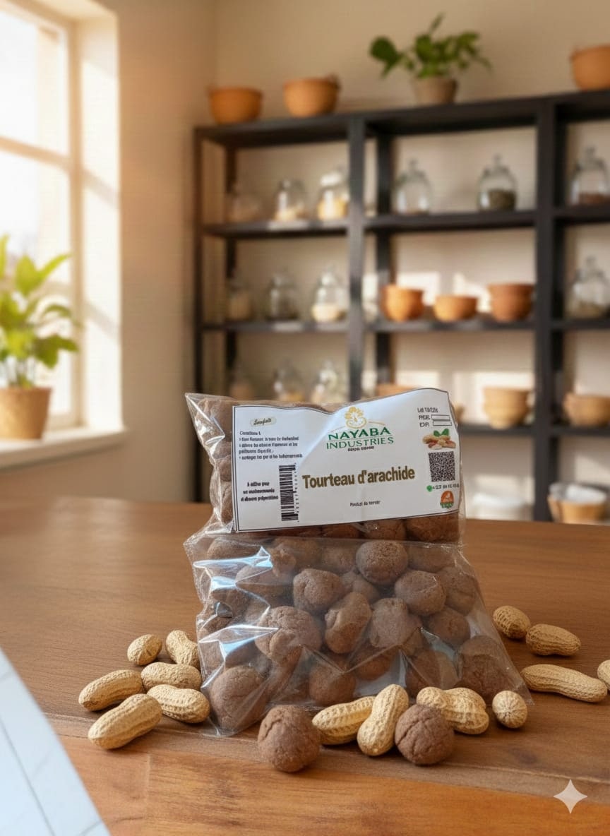 Un sachet de tourteau d'arachide d'une entreprise membre, entouré d'arachides crues
